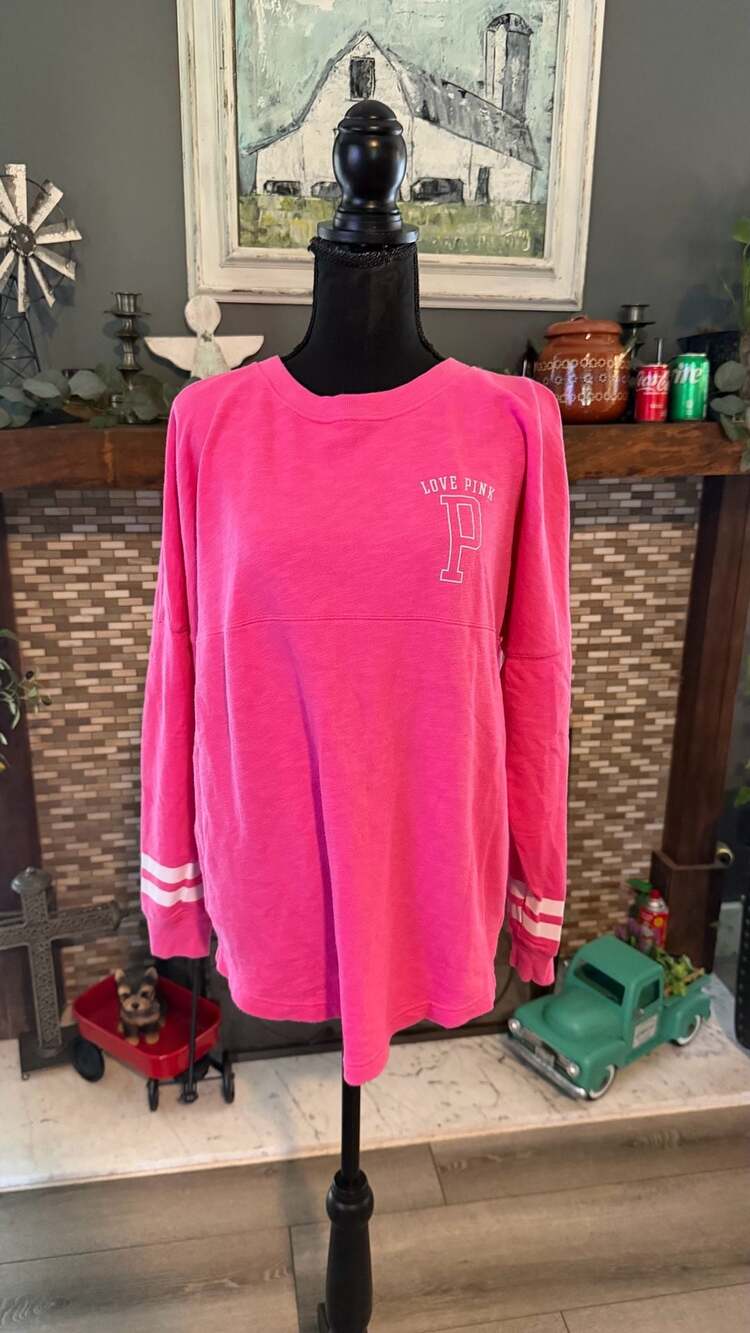 PINK Victoria's Secret Love Pink Varsity Crew Sweatshirt Hot Pink Size S